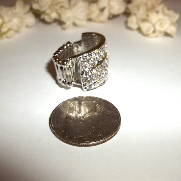 Silver Ring Costume Jewelry Faux White Diamond Rhinestone Stretch Band C241 - Picture 5 of 5